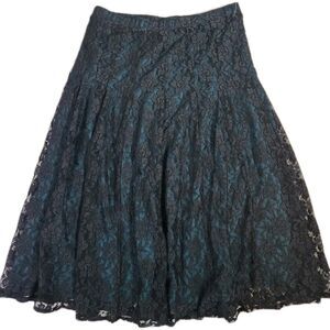 Sharagano Womens S Stretch Skirt Black/Turquoise Sheer Lace Midi Fairy Floral